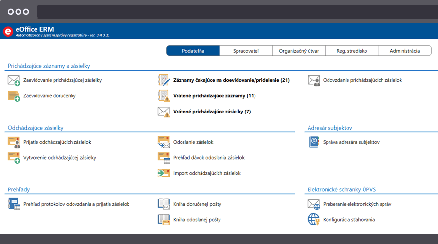 Správa registratúry eOffice - úvodná obrazovka Náhľad do prostredia eOffice